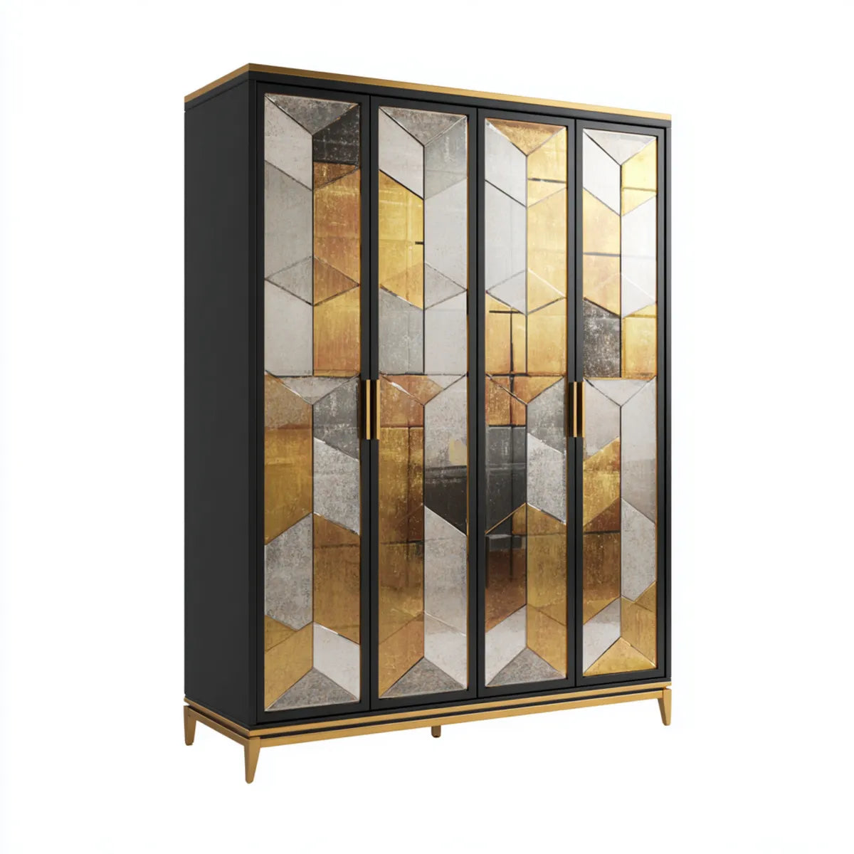 4-türiger Kleiderschrank Schwarz Gold mit Spiegelglas 160 x 55 x 200 cm rechteckig