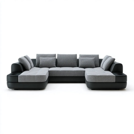 U-förmiges Ecksofa Grau Schwarz 350 x 180 x 85 cm aus Polyestergewebe und PU-Kunstleder
